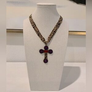Necklace Animal Print cross pendant-cheetah-purple pink beads-leopard cowgirl